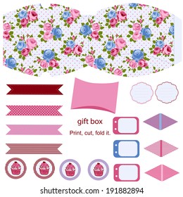 Gift pillow box template. Party kit. Abstract floral shabby chic pattern, classic country roses. Empty label. 