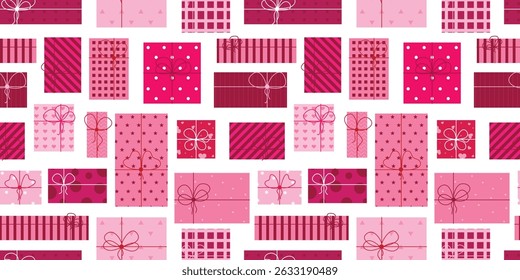 Gift pink boxes seamless pattern. Girly background for birthday, holiday. Closed boxes with ribbons and different pattern, print for textile, packaging, design. Vector graphic