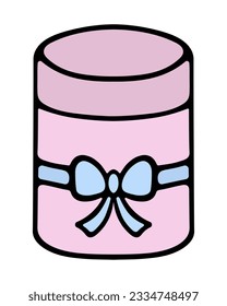 Gift in a pink cylindrical box. Surprise in a rounded package, tied in the middle with a blue ribbon with a bow. Color vector illustration. Isolated background. Cartoon style. Nice present. Holiday