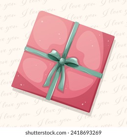Gift in pink paper with green ribbon and bow. A holiday present for you. Vector illustration for Valentine's Day. Icon.