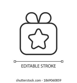 Gift pixel perfect linear icon. Sending presents using internet application. Special time event. Thin line customizable illustration. Contour symbol. Vector isolated outline drawing. Editable stroke