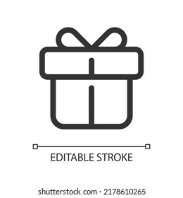Gift pixel perfect linear ui icon. Birthday and christmas present. Box with ribbon and bow. GUI, UX design. Outline isolated user interface element for app and web. Editable stroke. Arial font used