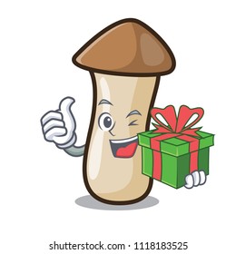 With gift pleurotus eryngii mushroom mascot cartoon
