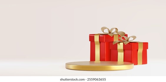 Gift podium display - red wrapped presents with golden ribbons and metallic circular platform. Luxury festive composition on pastel backdrop for holiday promotional design and festive greeting.