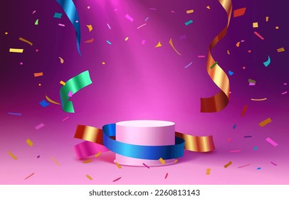 Gift podium with gold ribbons, Ribbon podium present, holiday shopping pedestal. Vector illustration