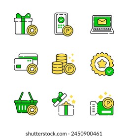 Juego de iconos de línea de Vector de recompensas de puntos de regalo para el programa de lealtad de comercio con un simple trazo editable