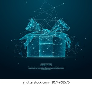 Gift with polygon line on abstract background. Polygonal space low poly with connecting dots and lines. Connection structure. Vector science background