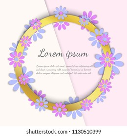 Gift post greeting or invitation card. Realistic golden ring frame with cartoon paper flowers and paper background. Template with place for your text or image. Copyspace premium quality modern trendy 