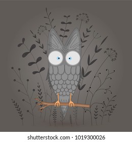 Gift postcard with cartoon animal owl . Decorative floral background with branches and plants. Postcard with cartoon characters. The layout of the square cards.