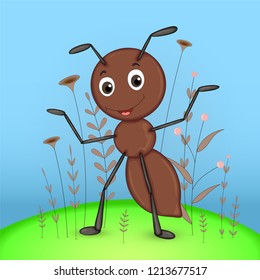 Gift postcard with cartoon animals ant. Decorative floral background with branches and plants.