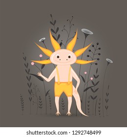Gift postcard with cartoon animals axolotl. Decorative floral background with branches and plants.