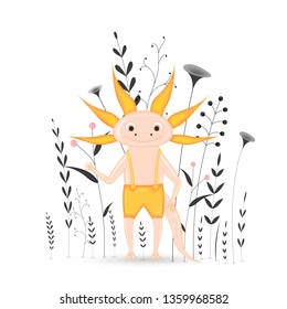 Gift postcard with cartoon animals axolotl. Decorative floral background with branches and plants.