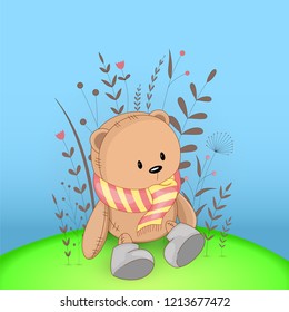 Gift postcard with cartoon animals bear. Decorative floral background with branches and plants.