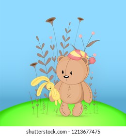 Gift postcard with cartoon animals bear. Decorative floral background with branches and plants.