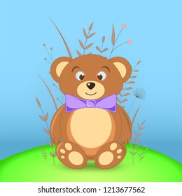 Gift postcard with cartoon animals bear. Decorative floral background with branches and plants.
