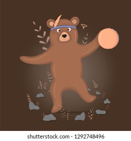 Gift postcard with cartoon animals bear. Decorative floral background with branches and plants.