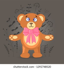 Gift postcard with cartoon animals bear. Decorative floral background with branches and plants.