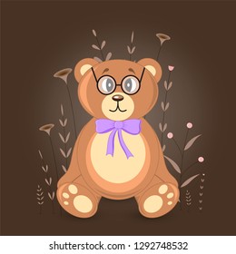 Gift postcard with cartoon animals bear. Decorative floral background with branches and plants.