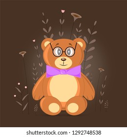 Gift postcard with cartoon animals bear. Decorative floral background with branches and plants.