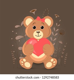Gift postcard with cartoon animals bear. Decorative floral background with branches and plants.