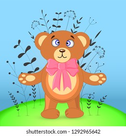 Gift postcard with cartoon animals bear. Decorative floral background with branches and plants.