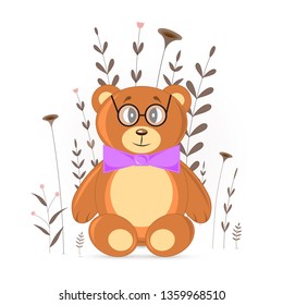 Gift postcard with cartoon animals bear. Decorative floral background with branches and plants.