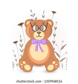 Gift postcard with cartoon animals bear. Decorative floral background with branches and plants.