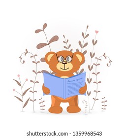 Gift postcard with cartoon animals bear. Decorative floral background with branches and plants.