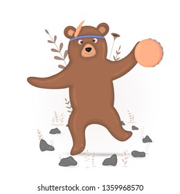 Gift postcard with cartoon animals bear. Decorative floral background with branches and plants.