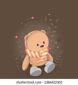 Gift postcard with cartoon animals bear. Decorative floral background with branches and plants