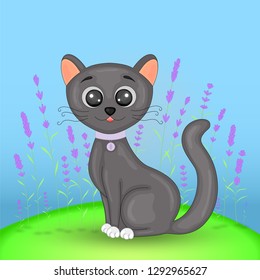 Gift postcard with cartoon animals cat. Decorative floral background with branches and plants.
