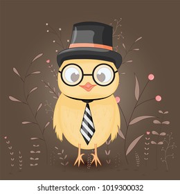 Gift postcard with cartoon animals a chicken in a top hat, tie and glasses. Decorative floral background with branches and plants. Postcard with cartoon characters. The layout of the square cards.