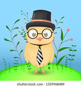 Gift postcard with cartoon animals a chicken in a top hat, tie and glasses. Decorative floral background with branches and plants. Postcard with cartoon characters. The layout of the square cards.