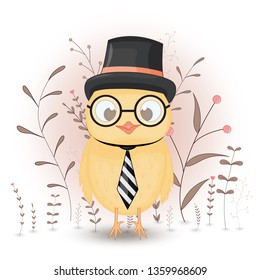 Gift postcard with cartoon animals a chicken in a top hat, tie and glasses. Decorative floral background with branches and plants. Postcard with cartoon characters. The layout of the square cards.