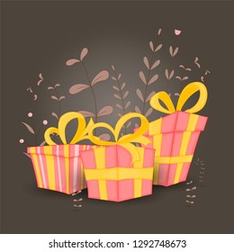 Gift postcard with cartoon animals gift. Decorative floral background with branches and plants.