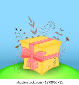 Gift postcard with cartoon animals gift. Decorative floral background with branches and plants.