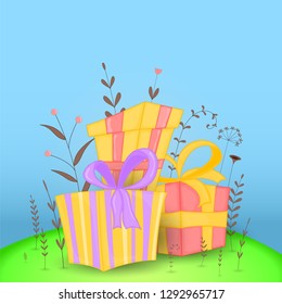 Gift postcard with cartoon animals gift. Decorative floral background with branches and plants.
