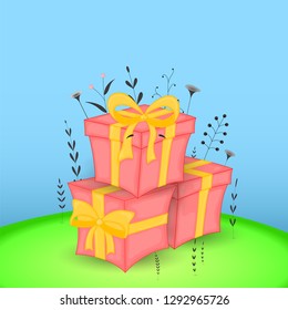 Gift postcard with cartoon animals gift. Decorative floral background with branches and plants.