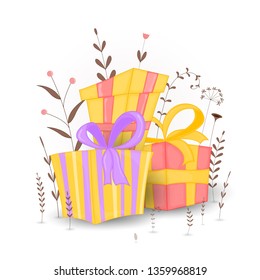Gift postcard with cartoon animals gift. Decorative floral background with branches and plants.