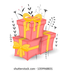 Gift postcard with cartoon animals gift. Decorative floral background with branches and plants.