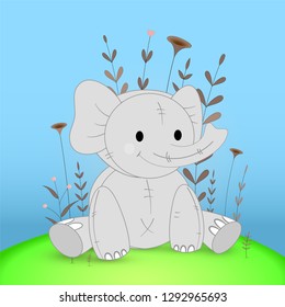 Gift postcard with cartoon animals elephant. Decorative floral background with branches and plants.
