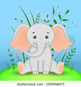 Gift postcard with cartoon animals elephant. Decorative floral background with branches and plants.