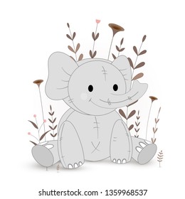 Gift postcard with cartoon animals elephant. Decorative floral background with branches and plants.
