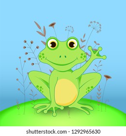 Gift postcard with cartoon animals frog. Decorative floral background with branches and plants.