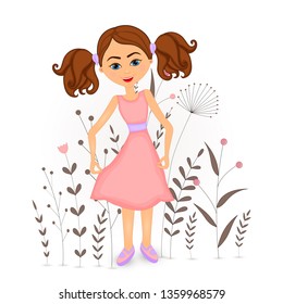 Gift postcard with cartoon animals girl. Decorative floral background with branches and plants.