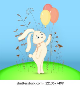 Gift postcard with cartoon animals hear. Decorative floral background with branches and plants.