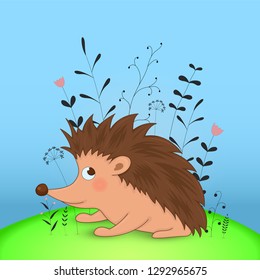 Gift postcard with cartoon animals hedgehog. Decorative floral background with branches and plants.