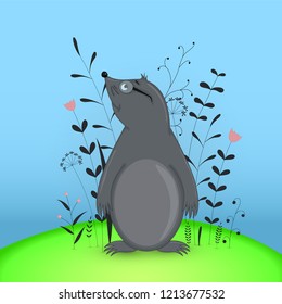 Gift postcard with cartoon animals mole. Decorative floral background with branches and plants.