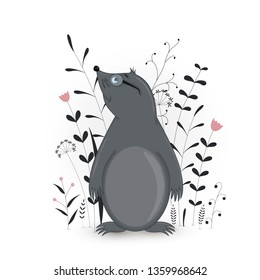 Gift postcard with cartoon animals mole. Decorative floral background with branches and plants.