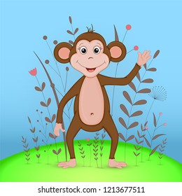 Gift postcard with cartoon animals monkey. Decorative floral background with branches and plants.